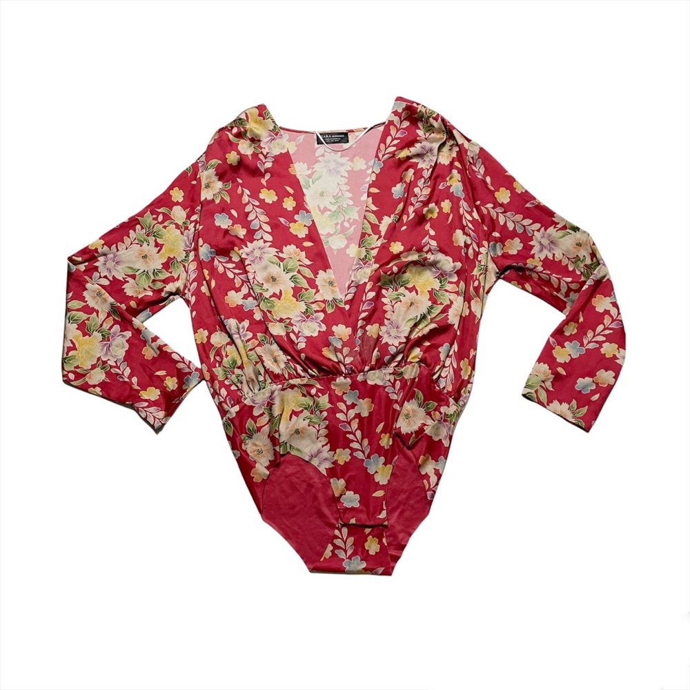 Zara Accessories Floral Silk-Like Long Sleeve Contemporary Casual Bodysuit